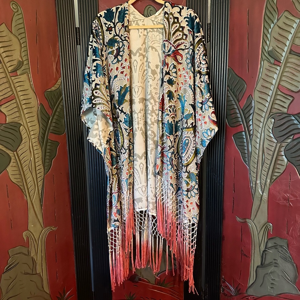 Soft Surroundings velvet burnout fringe kimono